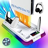 PS5 Stand for PlayStation 5 Console, PS5 Cooling Station & Charging Station with RGB, PS5/Slim/Pro Controller Charger Incl.3 Level Fan,Headset, PS5/Slim/Pro Accessories Comes 3 USB Ports