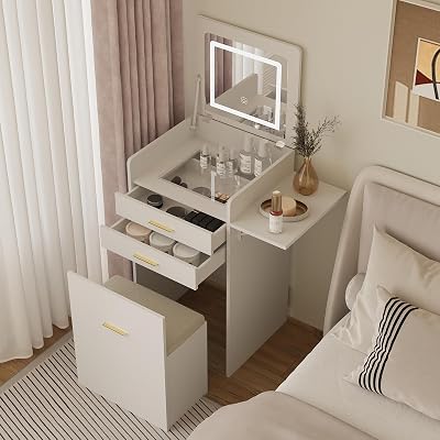 YOURLITE Dressing Table with Foldable Mirror & LED Lights White