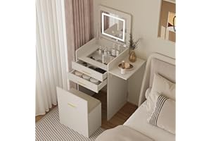 ARTETHYS Small Vanity Desk Set with Flip-top Mirror and Lights White Integrated 3 in 1 Makeup Vanities Set for Compact Space Mini Dressing Table with Fold-up Panel and Storage Chair for Bedroom
