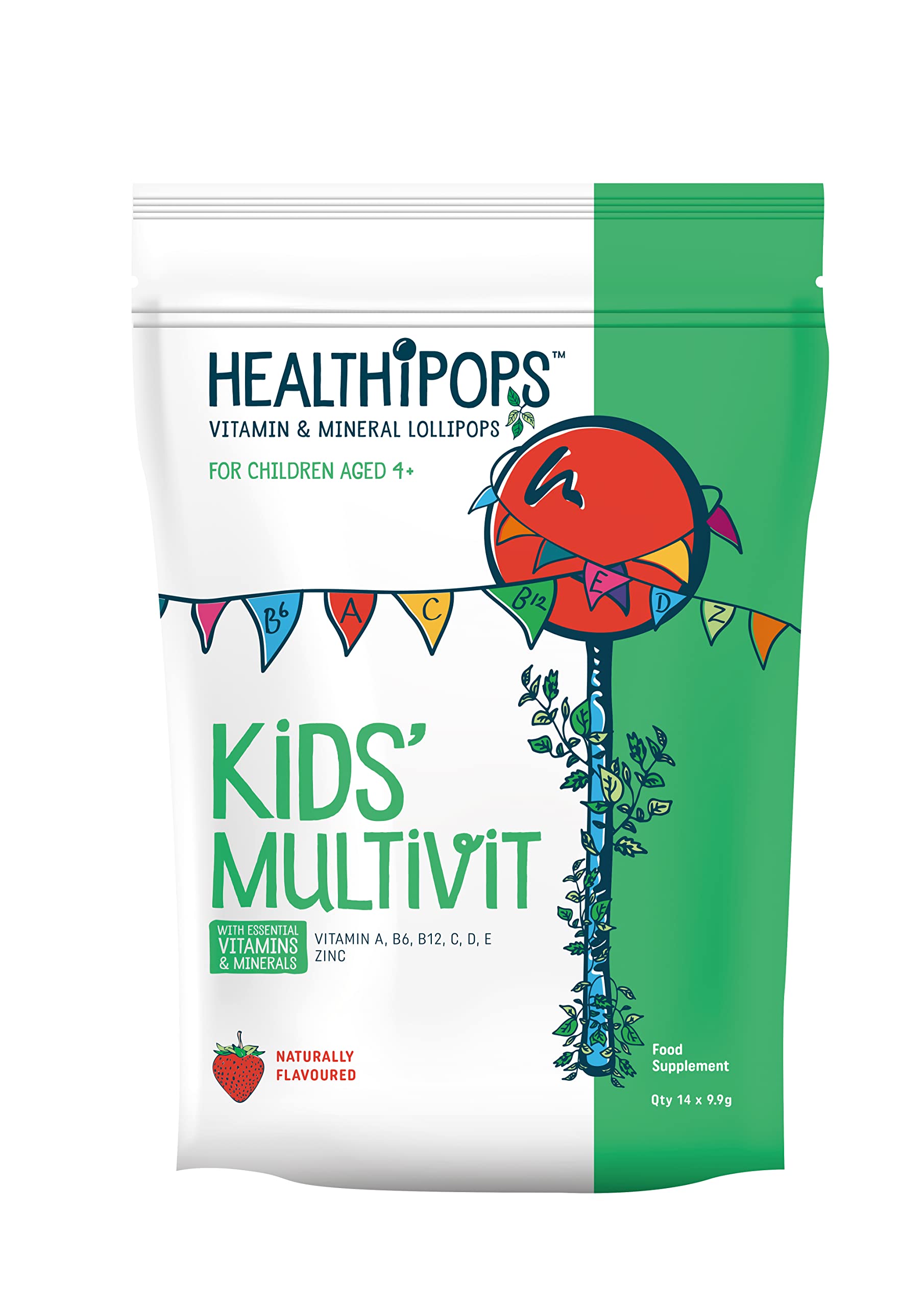 Healthipops Vitamin & Mineral Lollipops Kids' Multivit Suitable for Ages 4+ with Added Vitamin A, B6, B12, C, D3, E & Zinc, Strawberry Flavour 14 Lollipops