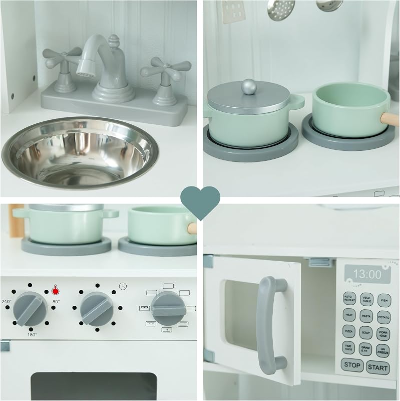 Cuisine en Bois Enfant Montessori 3+ Ans – Micro-Ondes, Four, évier & Accessoires Inclus – Solide, sûre, éducative, Couleurs Naturelles, Jeu créatif Durable