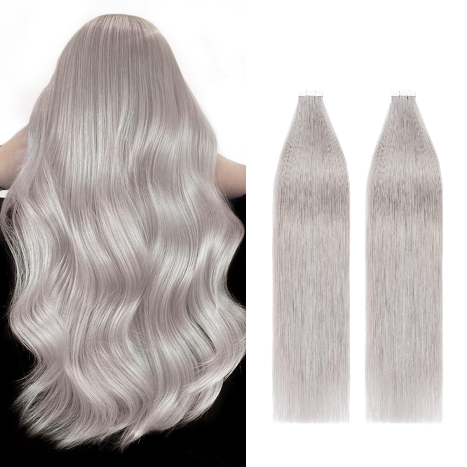 Grey Tape in Hair Extensions Human Hair 16" Remy Real Hair -Skin Weft- Seamless Straight 40 Pcs, 100g/Set #Grey — image 1