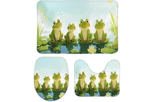 DuduYH Four Happy Frogs on Lily Pads Bathroom Rugs Sets 3 Piece - Sunny Day Time Bath Mats,U-Shape Toilet Lid Cover,Contour Mat,Shower Mats Bath Rug Mat for Bathroom Tub Toilet