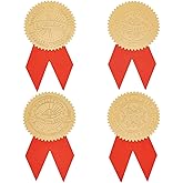 CRASPIRE Gold Foil Achievement Stickers 2 Inch Gold Embossed Foil Seals 48pcs Gold Diploma Seal with 48pcs Red Ribbon Decoration Sticker, Self Adhesive Labels for Envelopes Certificates Graduation