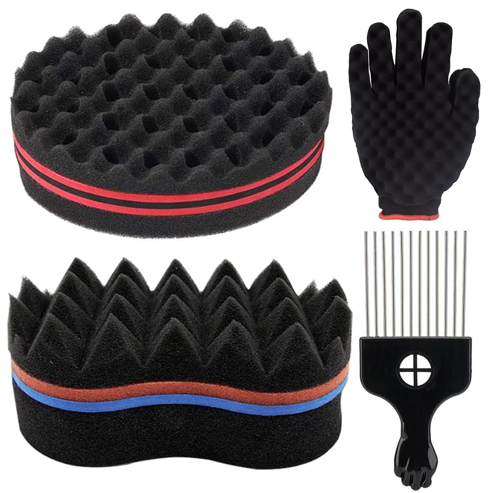 Fahibin 2 Pcs Holes Hair Sponge, Big and Small Holes Hair Sponge Brushes,Afro Coils Hair Curls Brushes,Sponge Hairbrush,Hair Sponge with Metal Combs And Curler Gloves