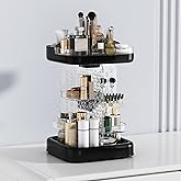 360 Rotating Makeup Organizer for Countertop, Adjustable Height Tiered Cosmetic and Skincare Storage, Clear Vanity Perfume Display with Brush Holder, Jewelry and Accessories Desktop Storage, Black