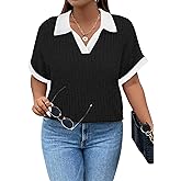 Koscacy Womens Plus Size Tops Short Sleeve Tunic Lapel V Neck Shirts Summer Casual Loose Blouse