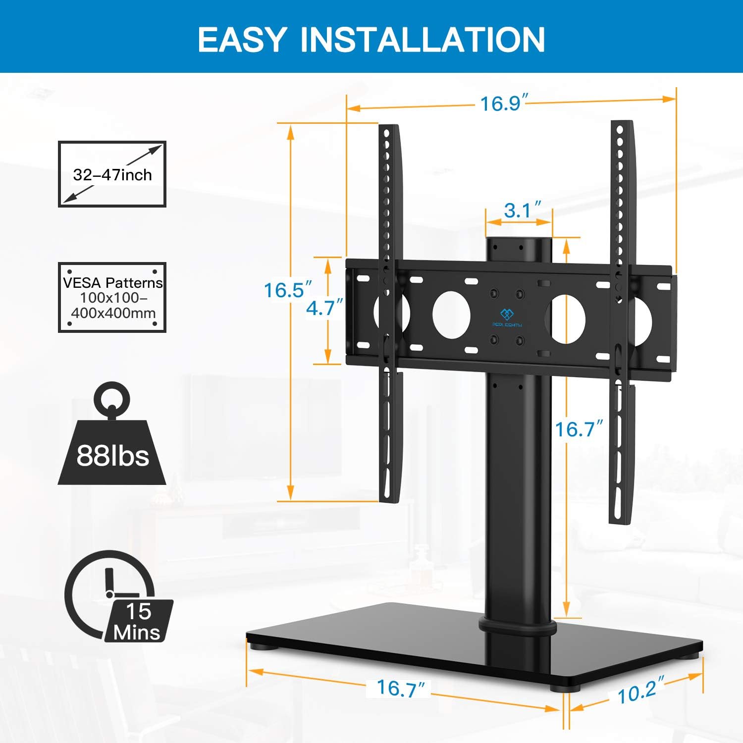 Universal TV Stand - Table Top TV Stand for 32-47 Inch LCD LED TVs - Height Adjustable TV Base Stand with Tempered Glass Base & Wire Management & Security Wire, Holds Up to 88lbs, VESA 400x400mm: Electronics