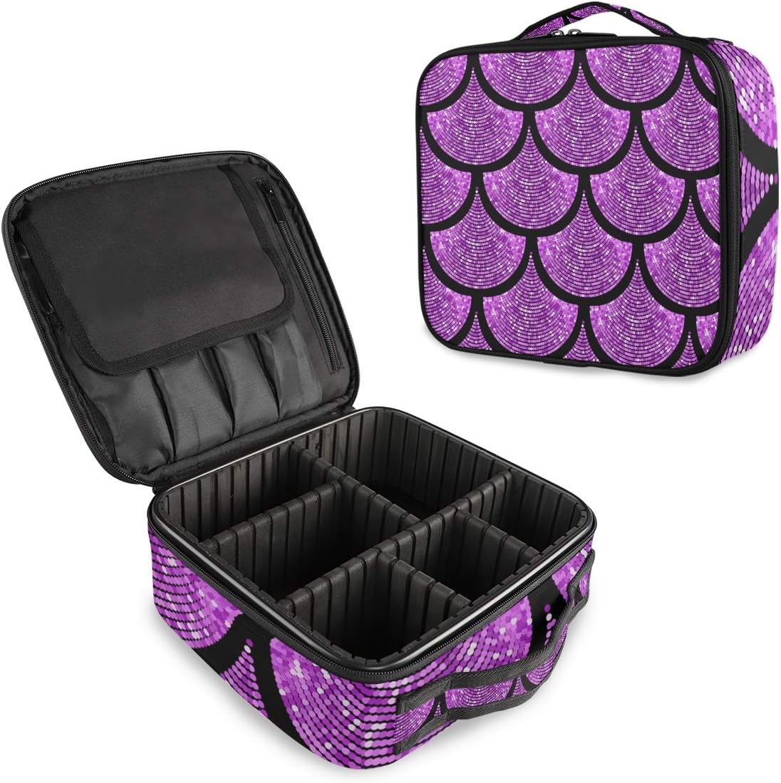 Mnsruu Pink Glitter Fish Scale Mermaid Makeup Cosmetic Case Organizer Portable Storage Bag Travel Makeup Train Case with Adjustable Dividers