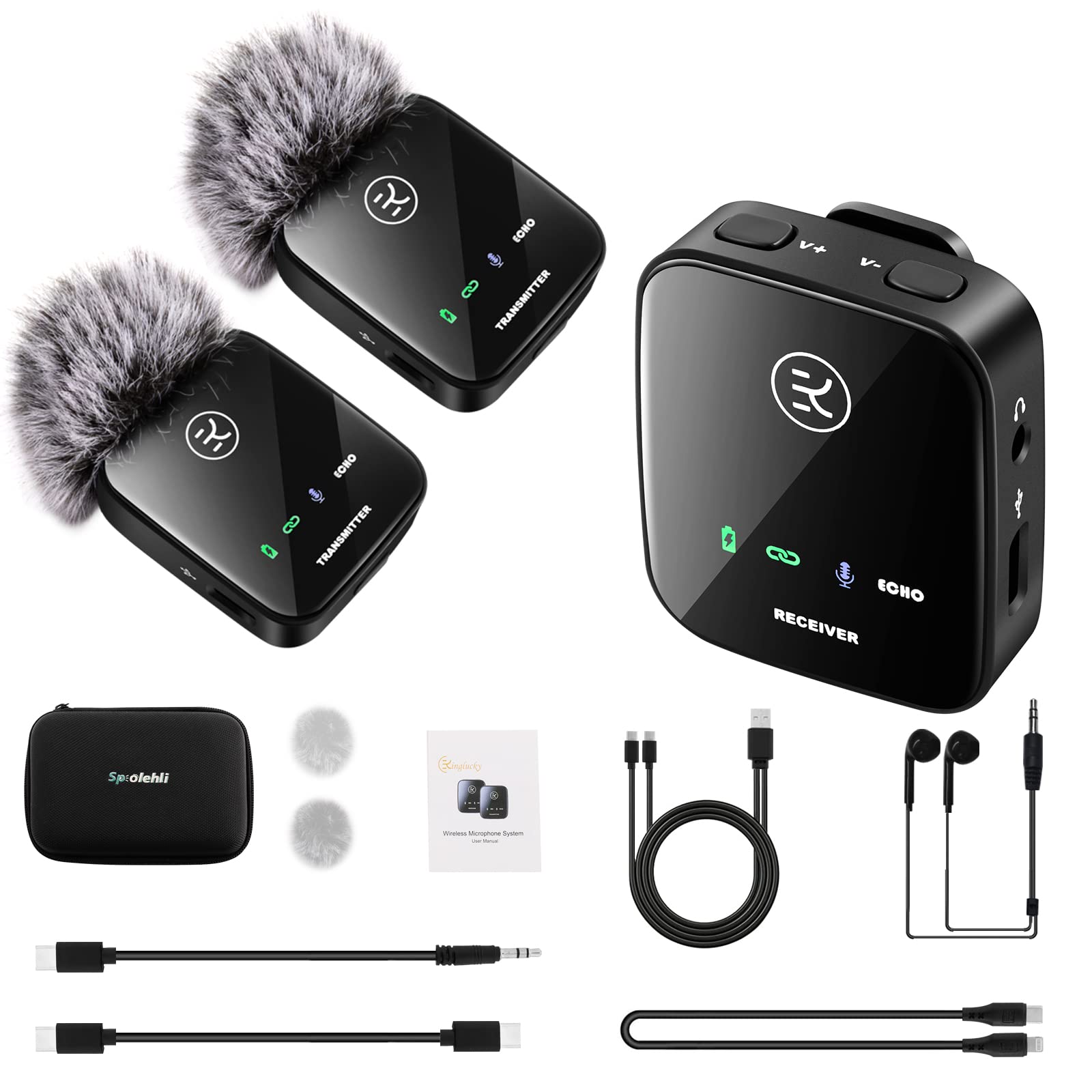 Spolehli Dual Transmitter Wireless Lavalier Microphone with Storage Box for iPhone/Type-C/Camera/Laptop, 2.4GHz Wireless Mic with 165ft Stable Transmission for Live stream/Vlog/Interview recording