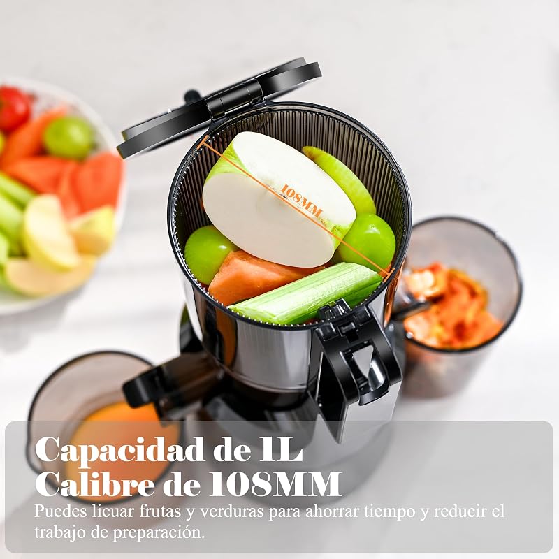 Extractor de Zumos y Verduras, Apertura de 108MM y Capacidad de 1L, Licuadora Prensado en Frio para Verduras Frutas Enteras, 200W Slow Juicer Machine, Fácil Montaje y Limpieza, Sin BPA (Negro)