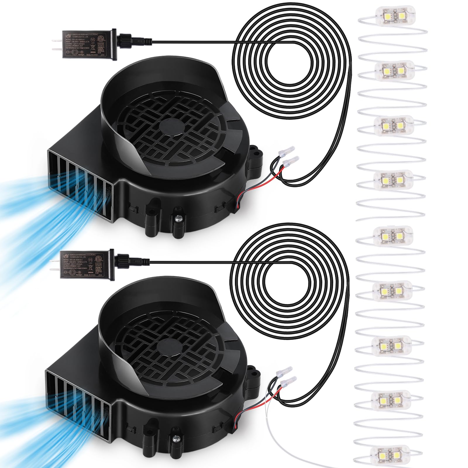 Photo 1 of 2-Pack Air Blower Fan for Inflatables, 12V 1.5A Replacement Blower Fan with 2.0A Adapter and 5 LEDs Bulbs Light for Halloween and Christmas Inflatables (IP68 Waterproof, 3200RPM, 5.0 * 5.0'')
