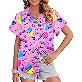 80s 90s Outfits for Women 80s Party Themed Outfit Shirt 90s Hawaiian Button Down Shirts Retro Neon Disco tee Tops