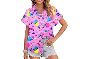 ALUVEE 80s 90s Outfits for Women 80s Party Themed Outfit Shirt 90s Hawaiian Button Down Shirts Retro Neon Disco tee Tops