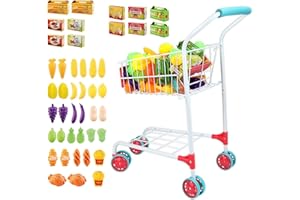 deAO Kids Shopping Cart Trolley with Sturdy Metal Frame for Toddlers 46 PCS Food Fruit Vegetables Pretend Play Food Role Play,Educational Toy Play Kitchen Toys for Boys Girls Kids