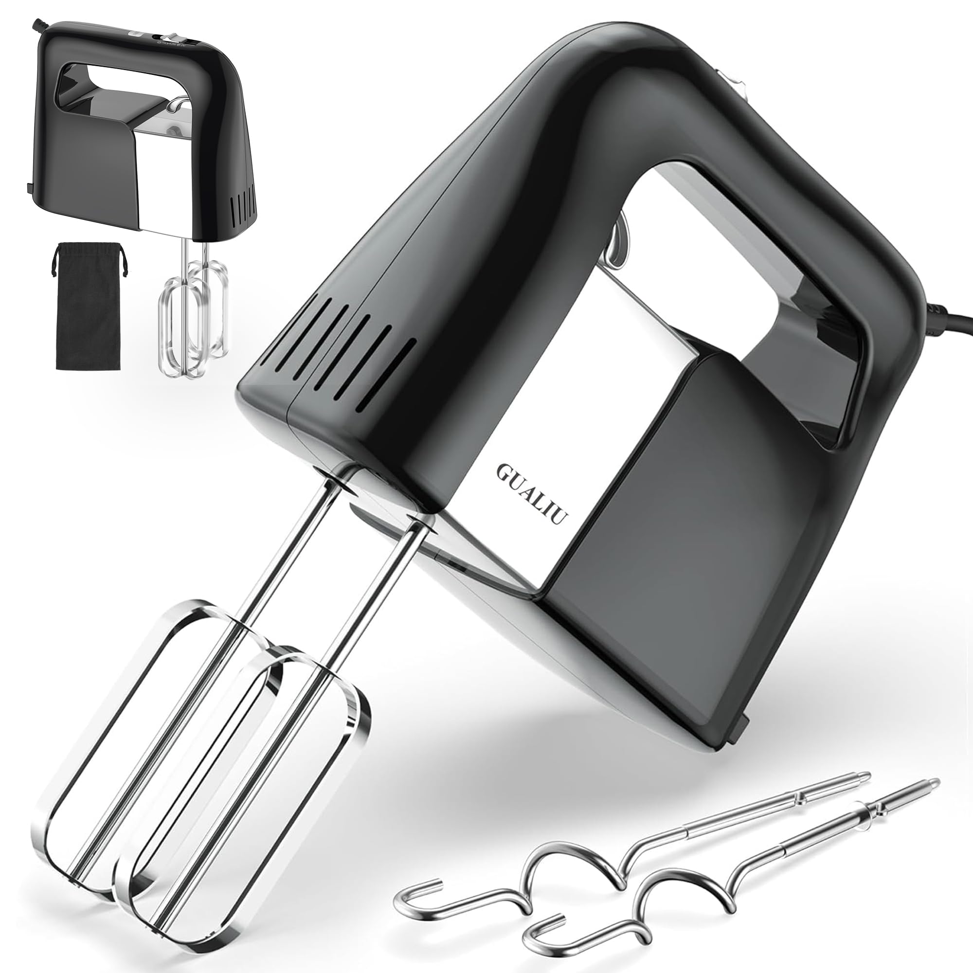Photo 1 of GUALIU 450W Electric Hand Mixer, 5-Speed Handheld Mixer Food Mixer with 304 Stainless Steel Beaters, Dough Hooks & Storage Bag, Kitchen Mixer Cake Mixer for Baking & Cooking, Turbo Boost/Black