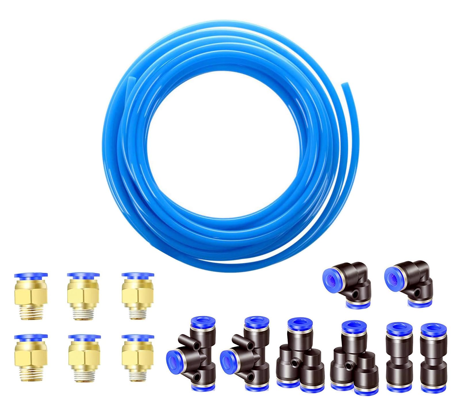 HUAZIZ 5m PU Pneumatic Hose, Blue, 12mm OD x 8mm ID, with 14 Pneumatic Connectors