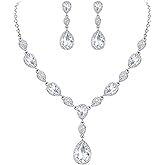 EleQueen Women's Cubic Zirconia Teardrop Y-Necklaces Dangle Earrings Jewelry Sets for Brides Bridesmaids