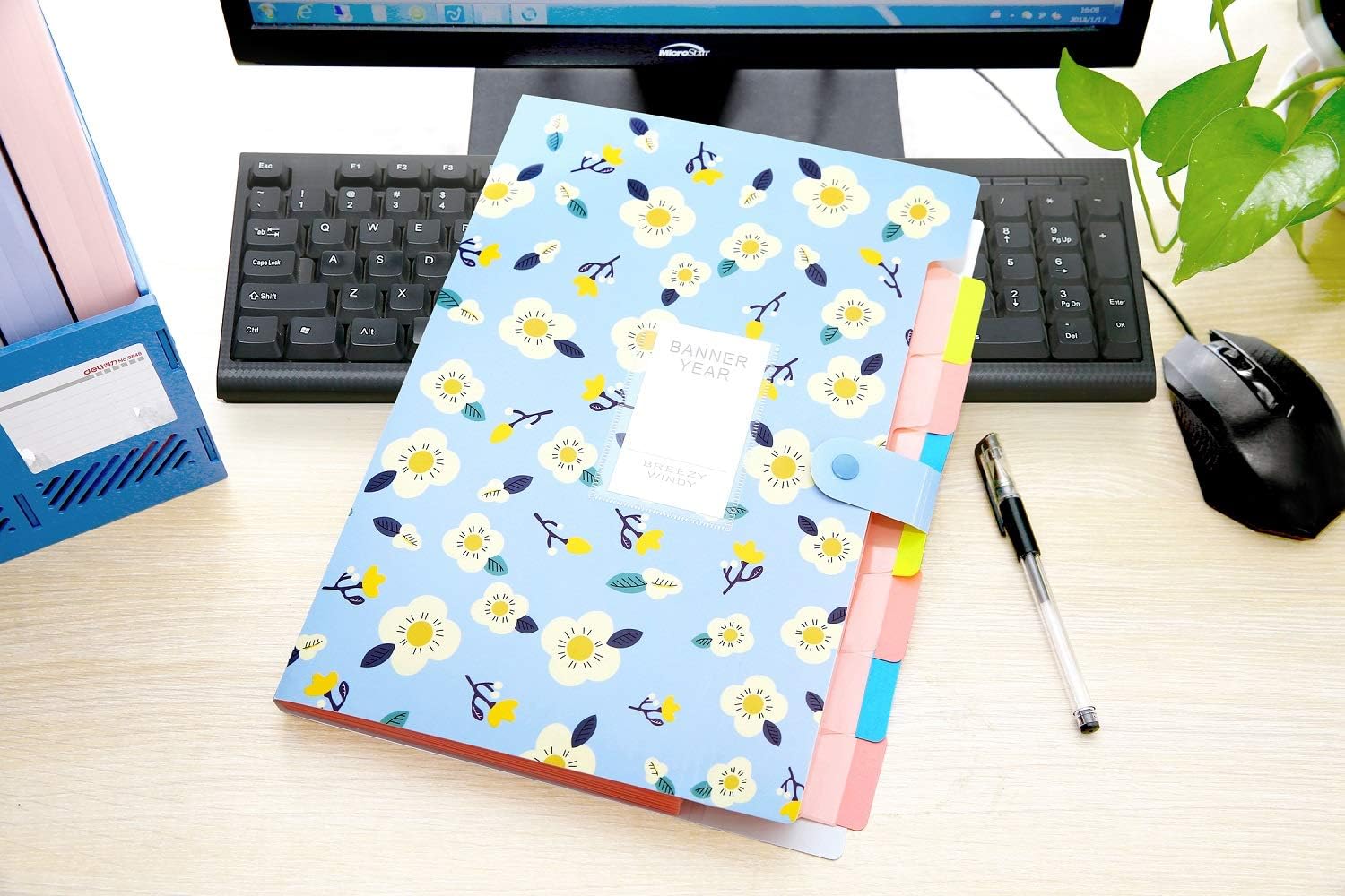 KONVINIT Expanding File Folder A4 Letter Size 8 Pockets Floral Printed Accordion Document Organizer with Snap Button,Blue Cover - Image 5