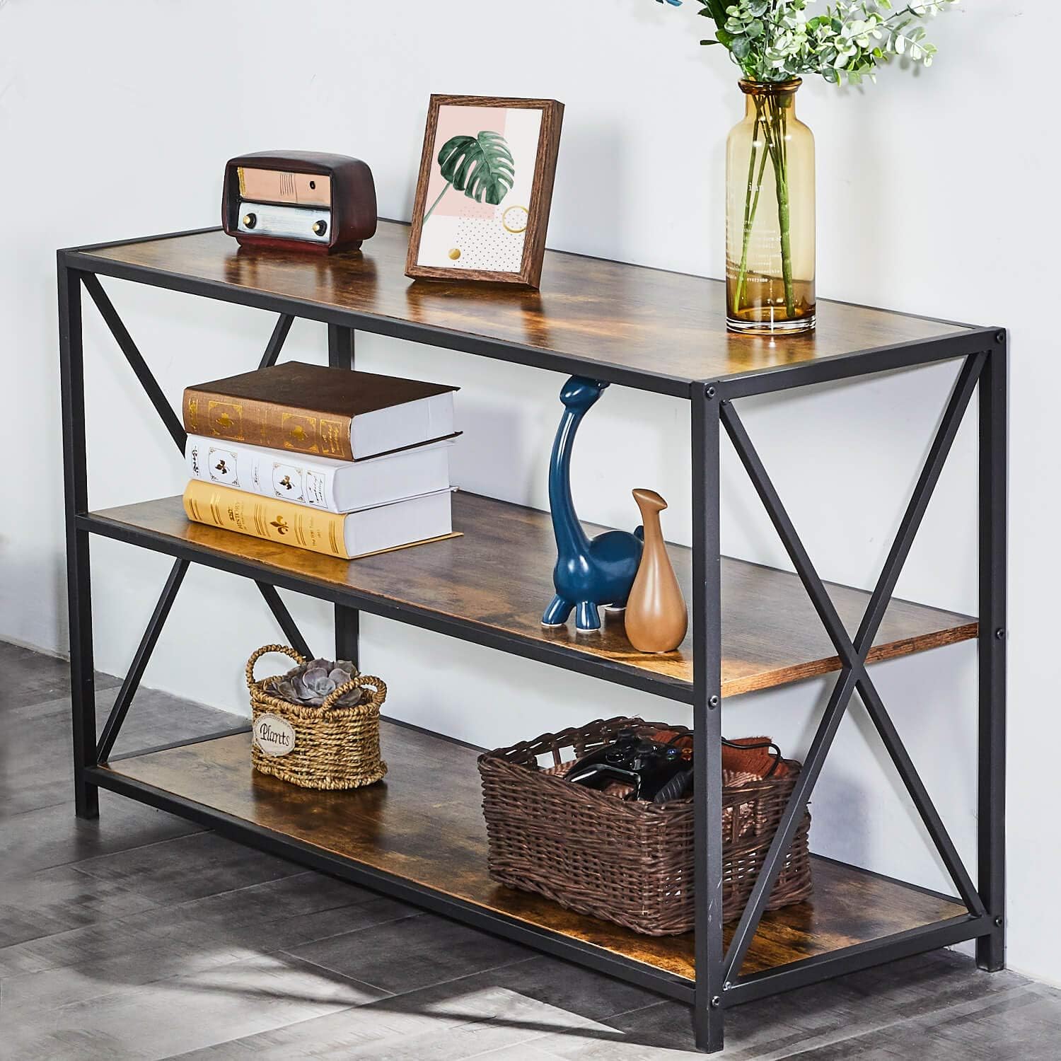 KICODE Console Table with Storage Shelf Entryway Table, 3-Tier Sofa Table, Industrial TV Stand, Media Stand for Entryway Living Room Bedroom