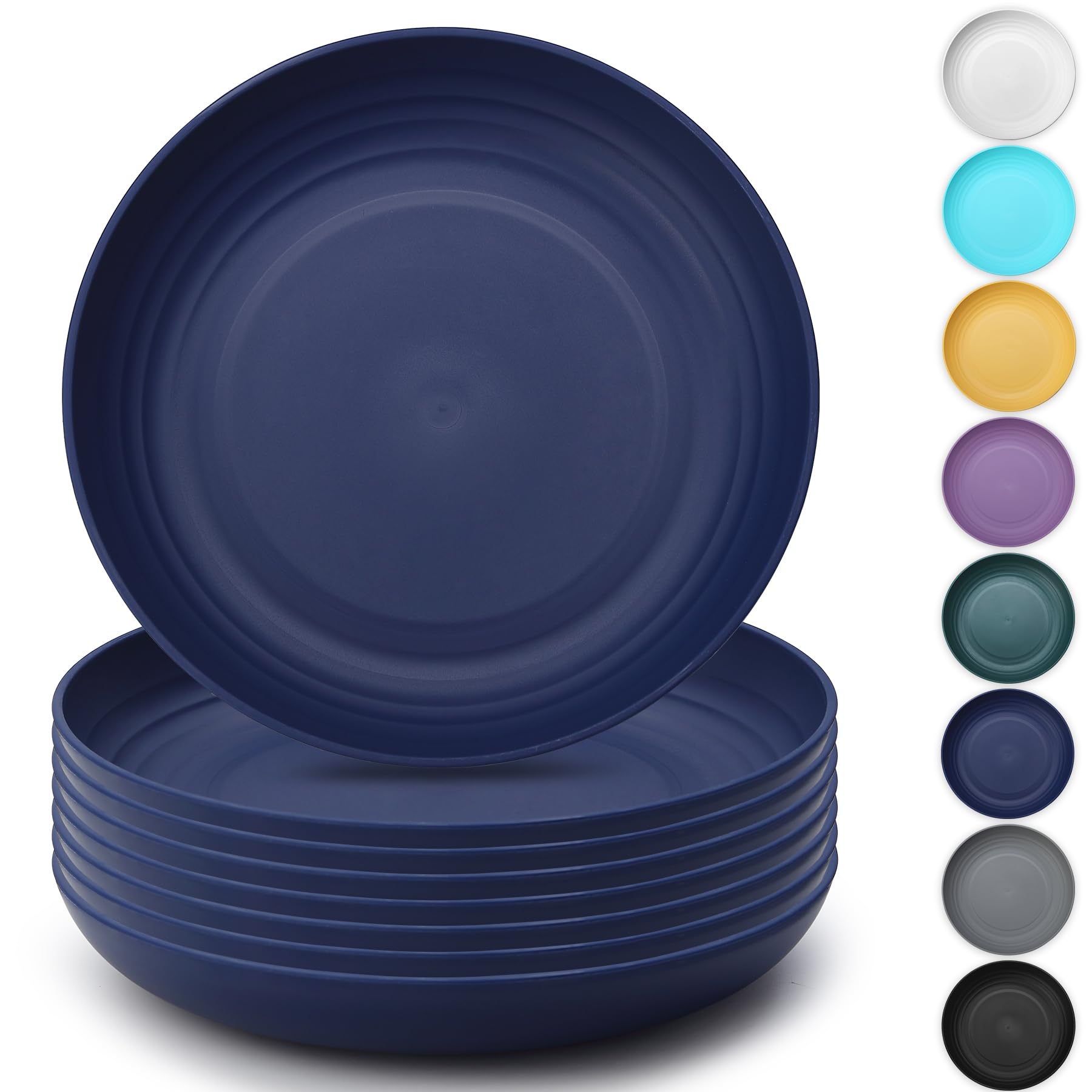 Kyraton Large Deep Plastic Plates - 8 Piece Set, 9 Inch Dinner Plates, Unbreakable and Reusable, Light Weight, Microwave Safe