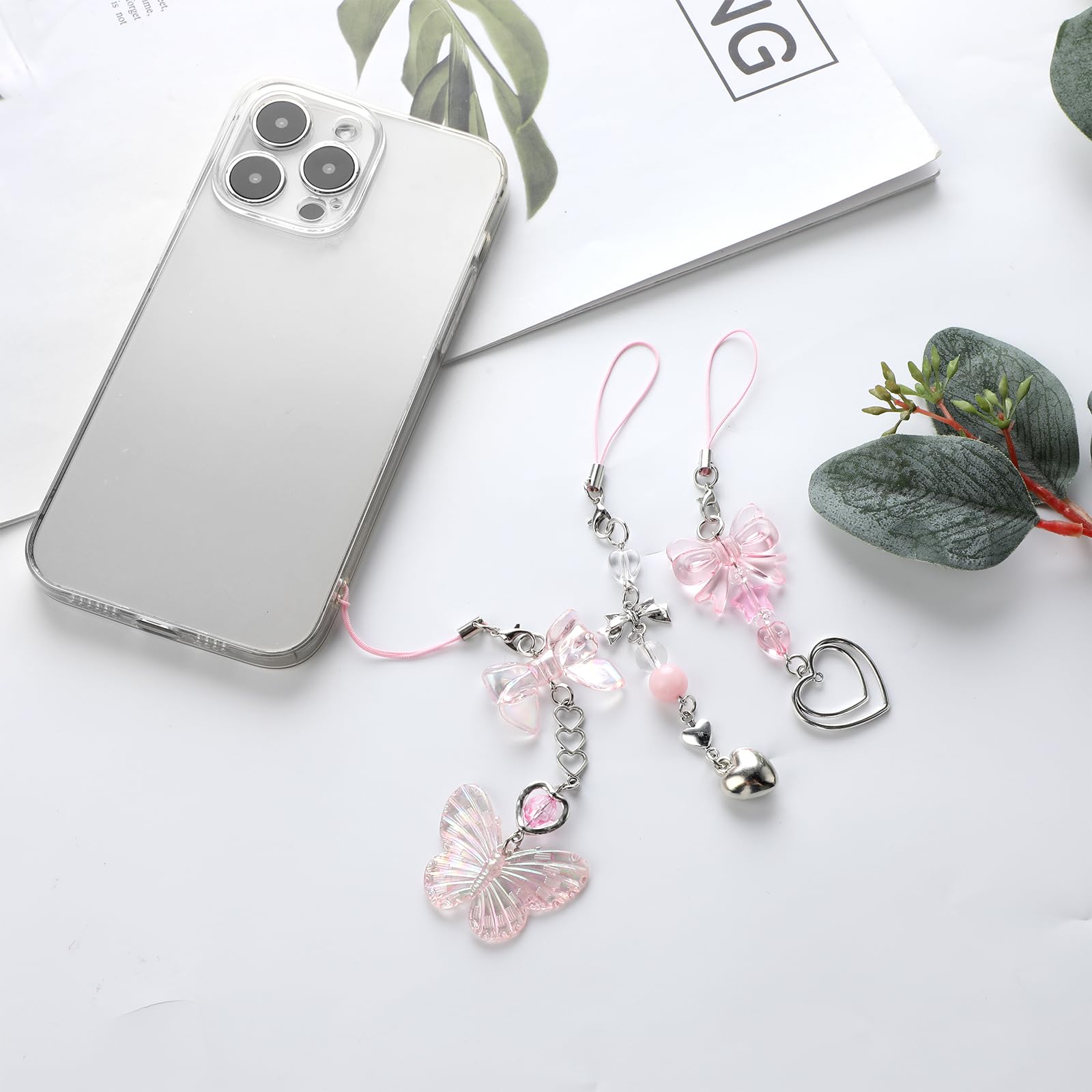 3 Pack Aesthetic Pink Butterfly Heart Shape Cute Y2K Cell Phone Charms for Bag Purse Backpack Camera Decor