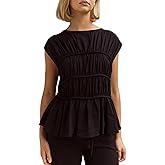 Womens Y2K Smocked Shirt Shirred Short Sleeve Crewneck Crop Top Ruffle Hem Going Out Tee Top