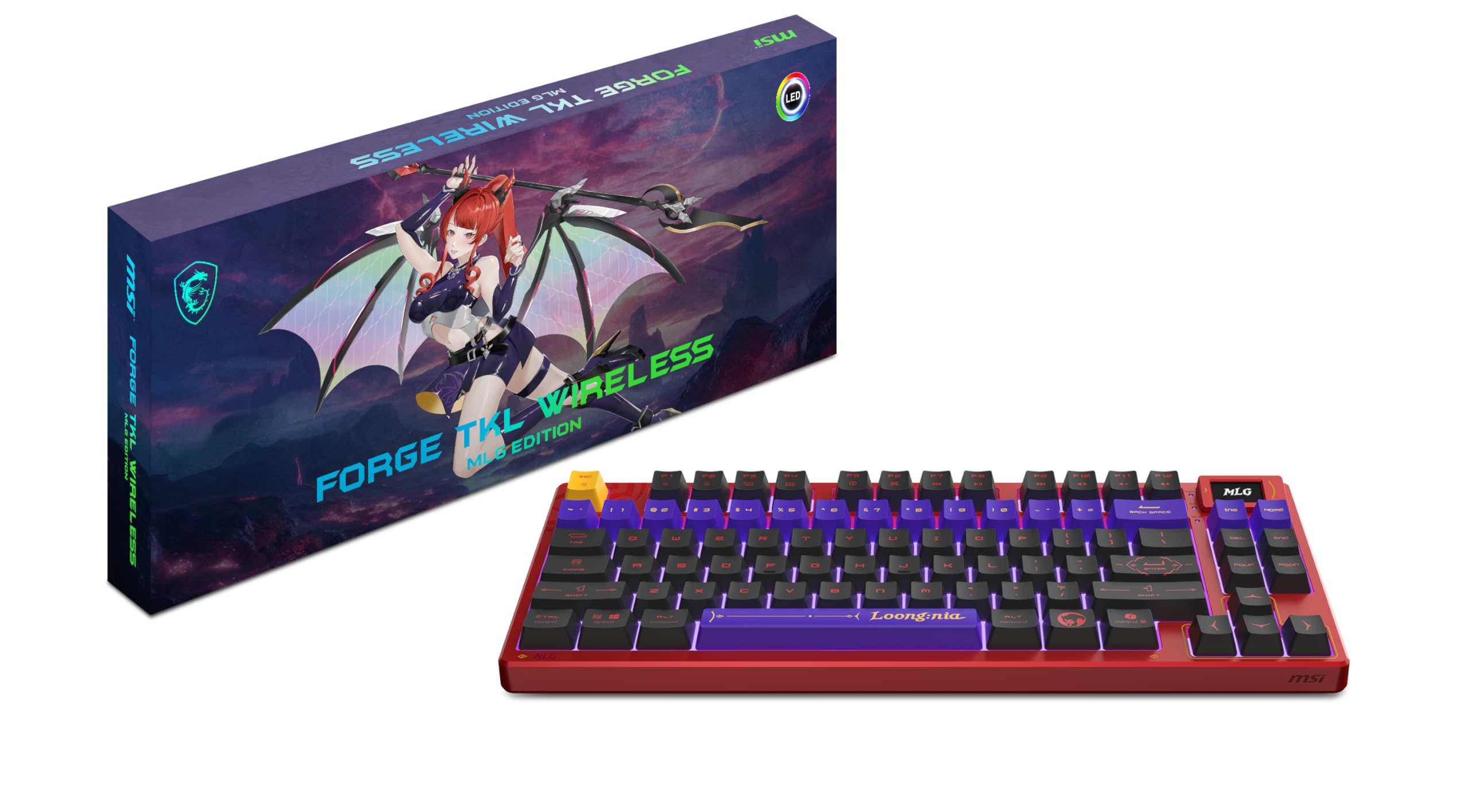 msi Forge TKL Wireless MLG Edition - INTERRUPTORES lineales mecánicos - Teclas PBT sublimadas por tinte, base antideslizante, LED RGB, USB 2.0, Bluetooth, 2,4 GHz - Sin llave