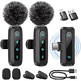 Wireless Lavalier Microphone for iPhone, iPad, Android Phone，2-Pack Mini Microphone with Noise Reduction, Auto Pairing and Mu