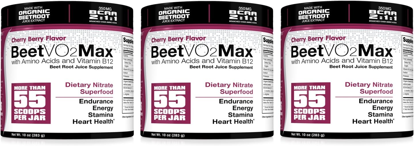 BeetVO2Max 3 Pack - Organic Beet Root Juice Powder + BCAA Amino Acids, Vitamin B12 & L-Arginine | Nitric Oxide Booster Supplement | Non-GMO Hyper Endurance Formula