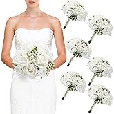 DIYDOFUN Wedding Bridesmaid Bouquets Set of 6, Artificial Silk Flowers Arrangement for Ceremony Marriage Proposal Party Anniversary Decorations - White