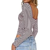 Falechay Long Sleeve Shirts for Women Sexy Backless Striped Tops Going Out T-Shirt Y2K Crop Womens Blouse Boat Neck Outfit