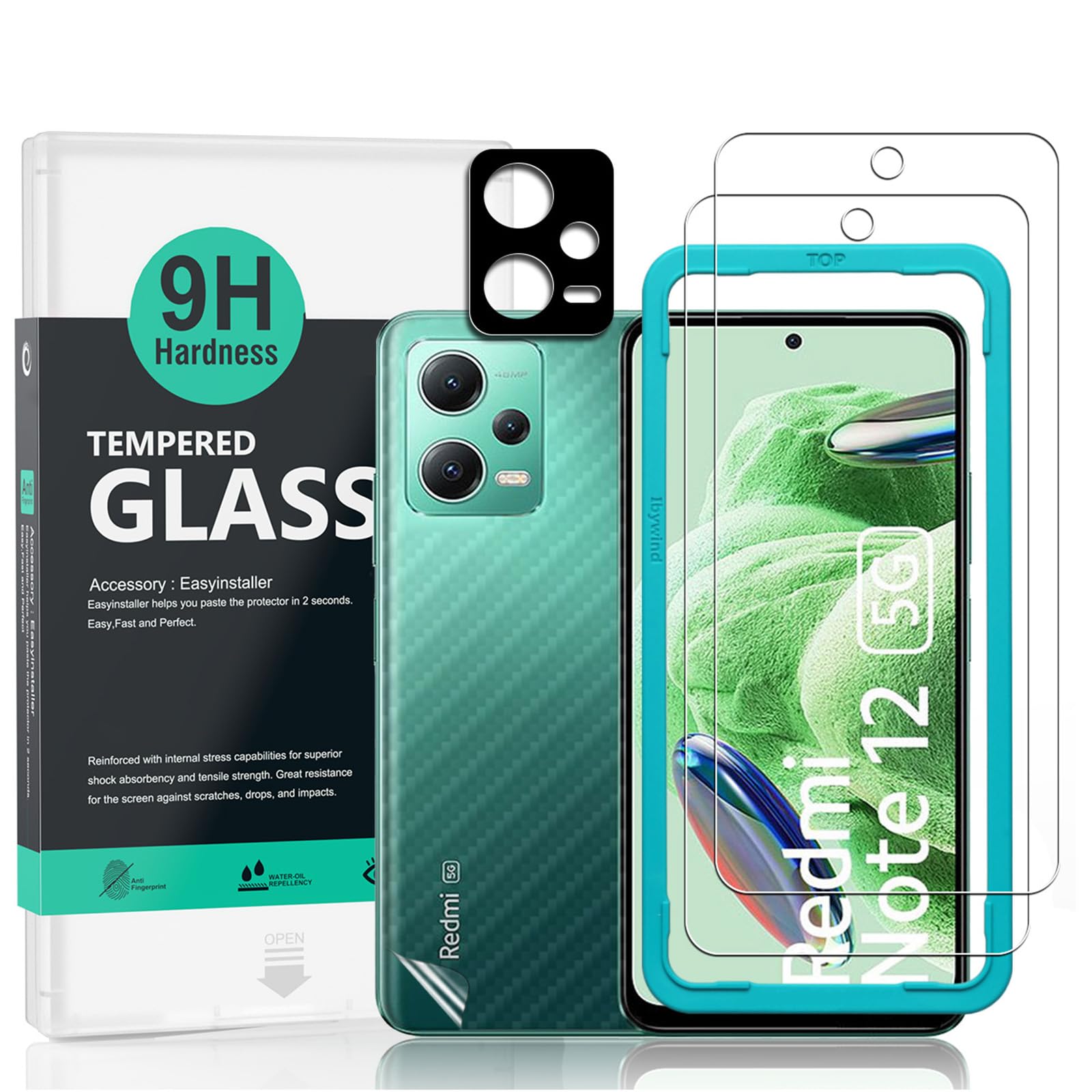 Ibywind Screen Protector (2 Pack) For Xiaomi Redmi Note 12 5G,9H Hardness Tempered Glass,With 1Pc Metal Camera Lens Protector,1Pc Back Protector,Easy to Install — image 1