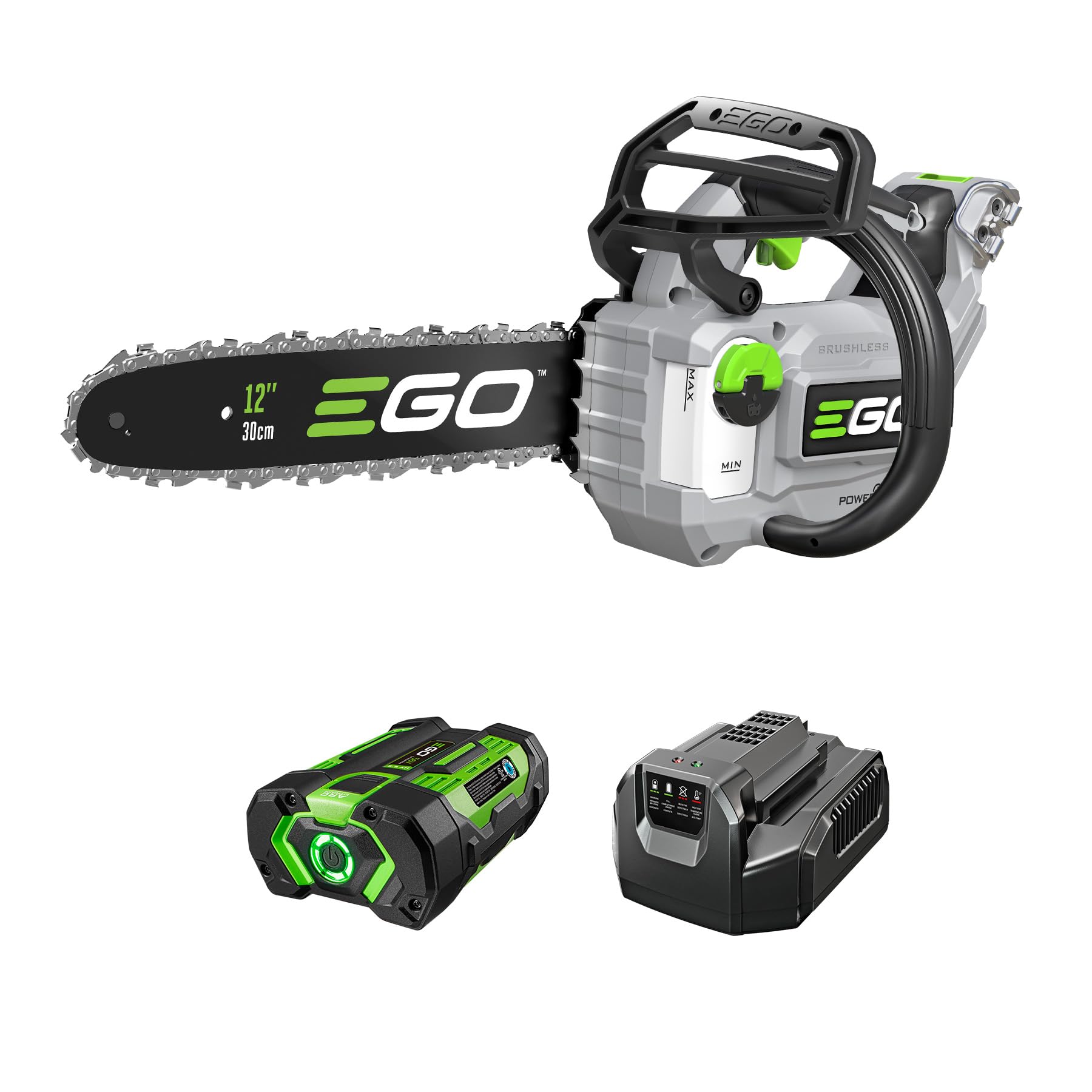 EGO POWER+ Chain Saw, 12" Battery Powered Chainsaw, Electric Cordless, Includes 56V 2.5Ah Battery and Charger - CS1201 Image EGO POWER+ Chain Saw, 12" Battery Powered Chainsaw, Electric Cordless, Includes 56V 2.5Ah Battery and Charger - CS1201 Image