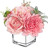GnFlus Artificial Flowers in Vase Fake Silk Hydrangea Rose Flower Arrangement Faux Potted Flowers for Indoor Home Bathroom Office Table Shelf Decor, Peach