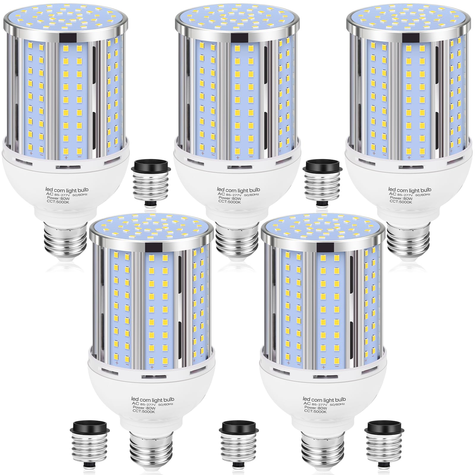 Photo 1 of ***FACTORY SEALED*** 80W LED Corn Light Bulb(5 Pack),(800 Watt Equivalent) Fanless E26/E39 Medium/Large Mogul Base LED Cob Lamp 5000K Daylight 11,600LM for Outdoor Indoor Garage Warehouse Factory Workshop Street Backyard