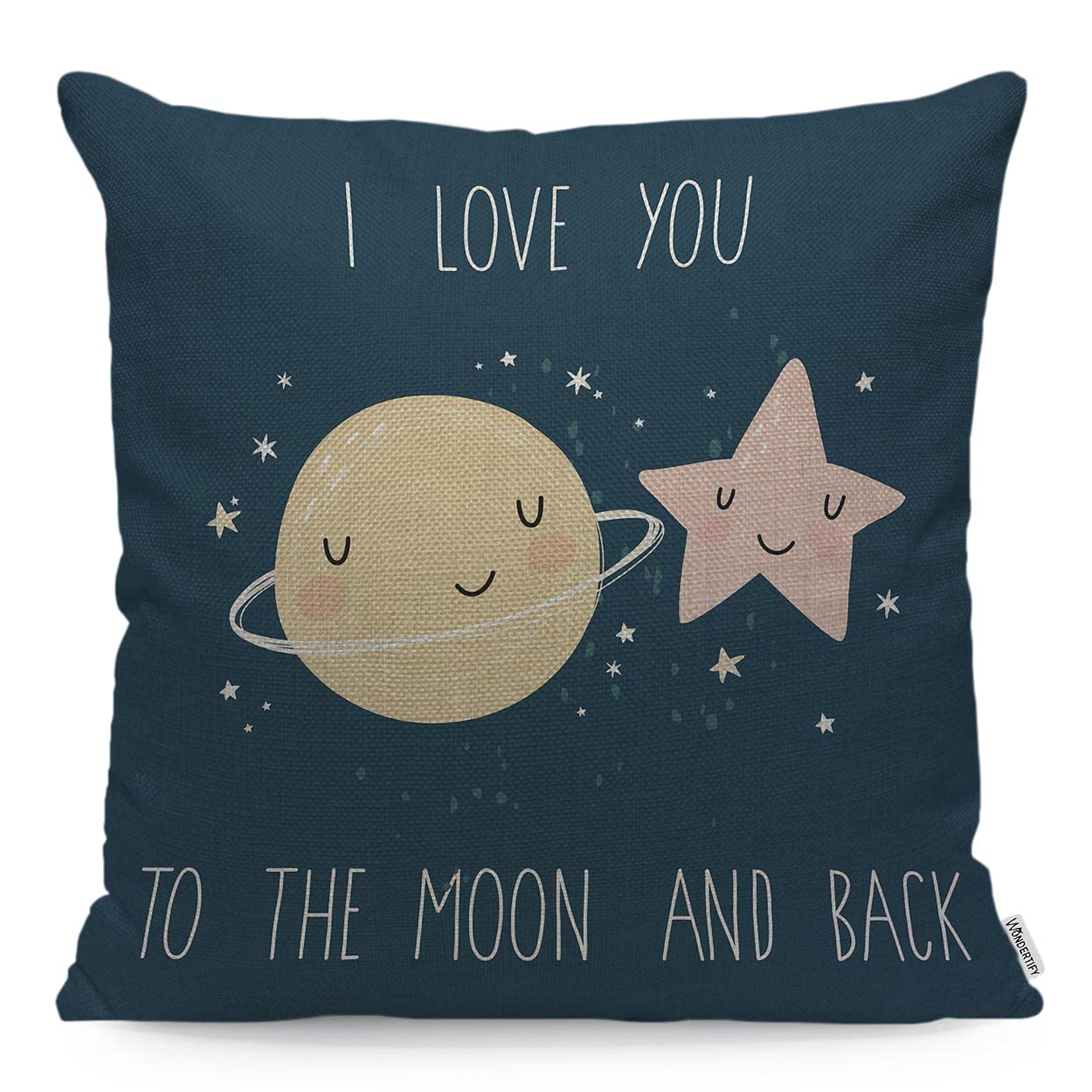 WONDERTIFY Star Cushion Cover Cute Cartoon Stars Planets Quote I Love You To The Moon And Back Decorative Throw Pillow Covers For Couch, Bed Sofa Pillows Case Blue 45X45 Cm