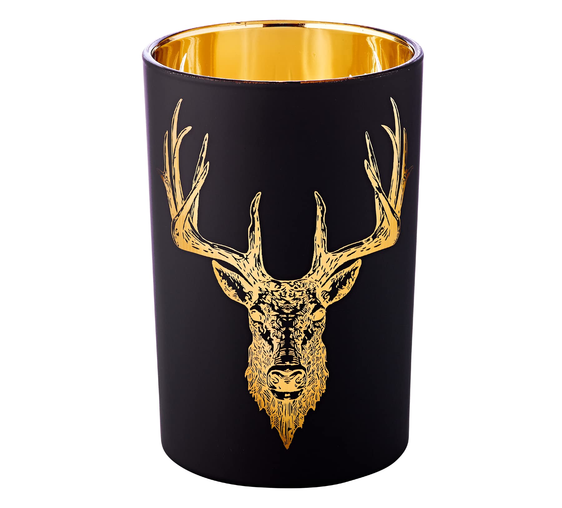 EDZARD Tea Light Holder Tea Light Glass Forest for Candles, Stag Motif, Exterior Black/Gold Interior, Height 7.09 in, Diameter 5.53 in