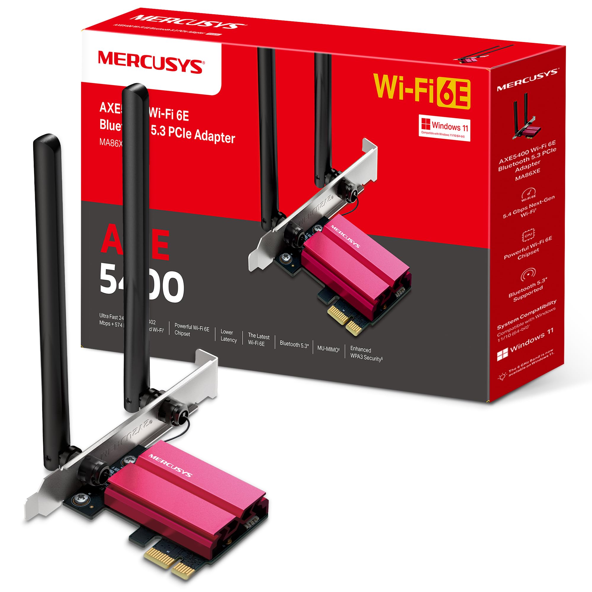 Mercusys MA86XE PCIe Adapter, WiFi 6E AXE5400 Tri-Band, Two Antennas Bluetooth 5.2, PCIe WiFi Card, OFDMA, MU-MIMO,Low Latency, WiFi 6 Chipset, Latest WPA3, Supports Windows 10/11(64bit)