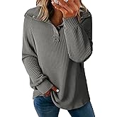 Dokotoo Women's Casual Sweatshirt Long Sleeve Button V Neck Loose Knitted Pullover Sweatshirt Tops