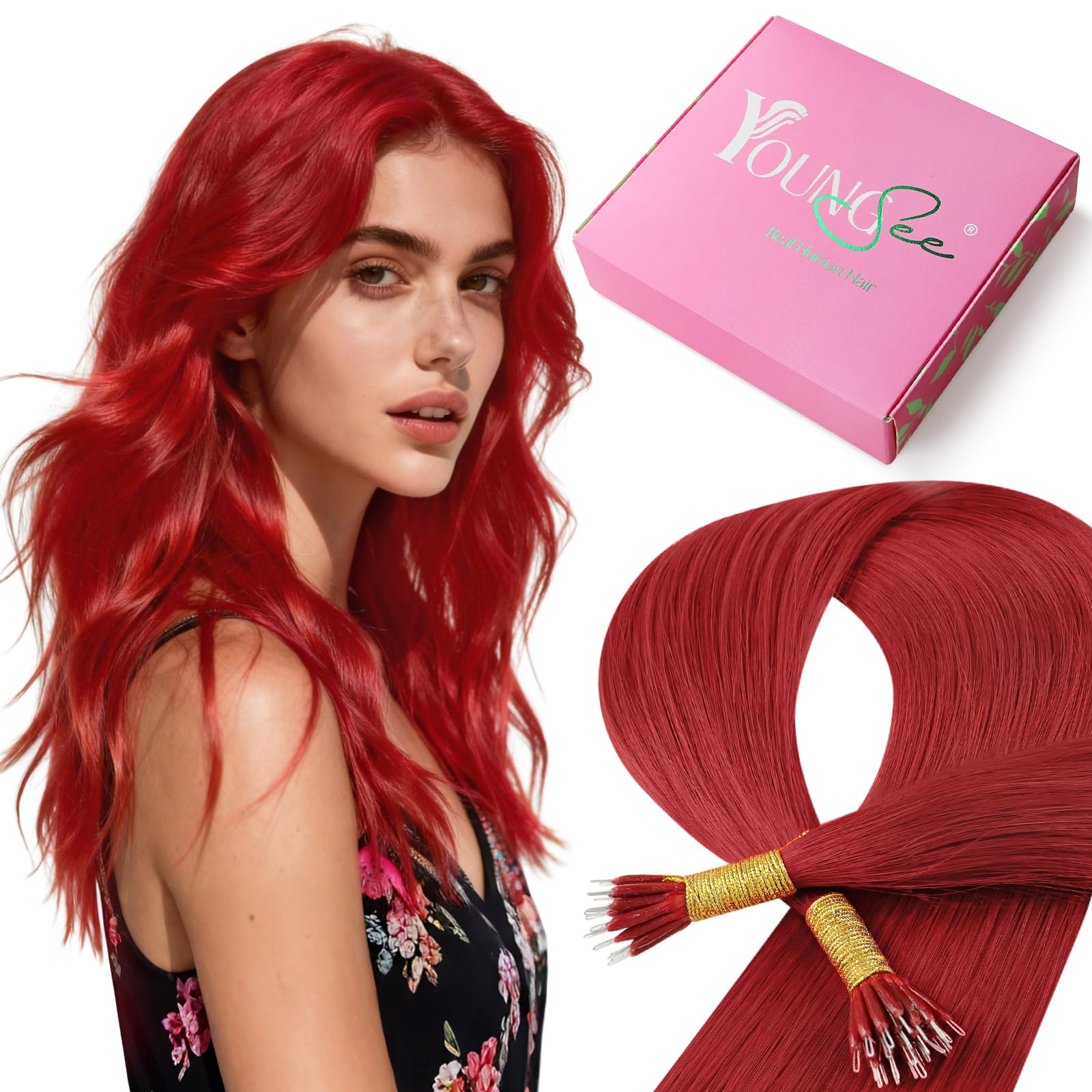 YoungSee Nano Hair Extensions Real Human Hair Red 14inch Nano Beads Human Hair Extensions Colored Nanolink Extensions Red for Role Playing Cold Fusion Short Straight Smooth 25g 25s — image 1