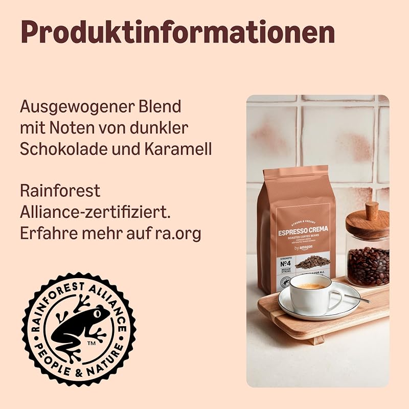 Espresso Crema Röstkaffee Ganze Bohnen, 1kg (2 Packs of 500g), Rainforest Alliance-Zertifizierung
