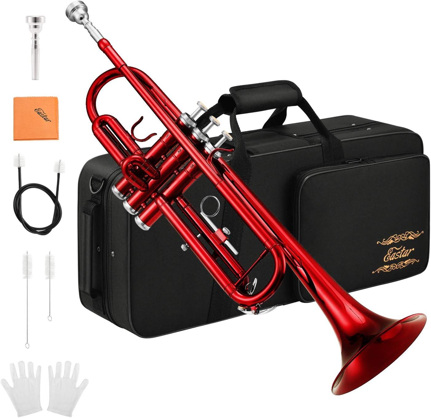 Eastar Bb Trumpet Standard Trumpet Set for Student Beginner with Hard Case, Cleaning Kit, 7C Mouthpiece and Gloves, Brass Bb Trumpet Instrument, Red, ETR-380R: Musical Instruments