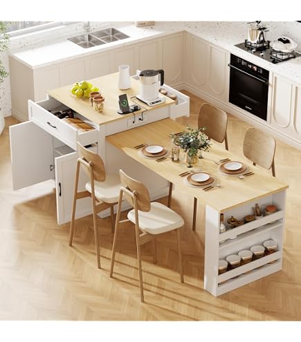 Îlot de cuisine de 210,1 cm avec table de salle à manger extensible pour 4 à 6 places, table d'îlot de cuisine imitation mable avec rangement double, prise de courant, 2 tiroirs, 2 étagères latérales