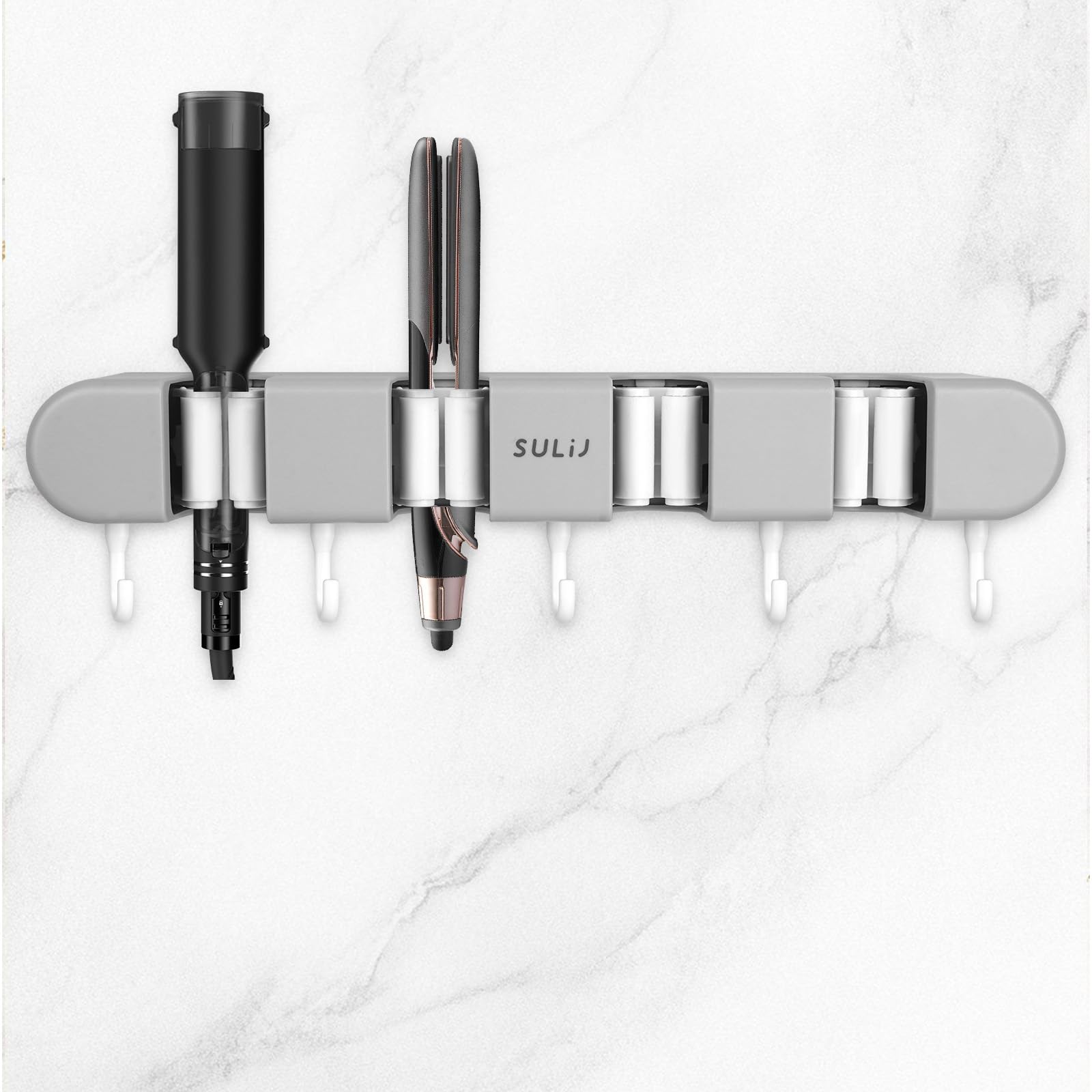 Photo 1 of ReignSword Hair Straightener Holder Wall Mounted, Adhesive Curling Iron Holder for Bathroom, 4 Racks and 5 Hooks Hair Tool Organizer for Flat Irons, Curling Wands (Grey)