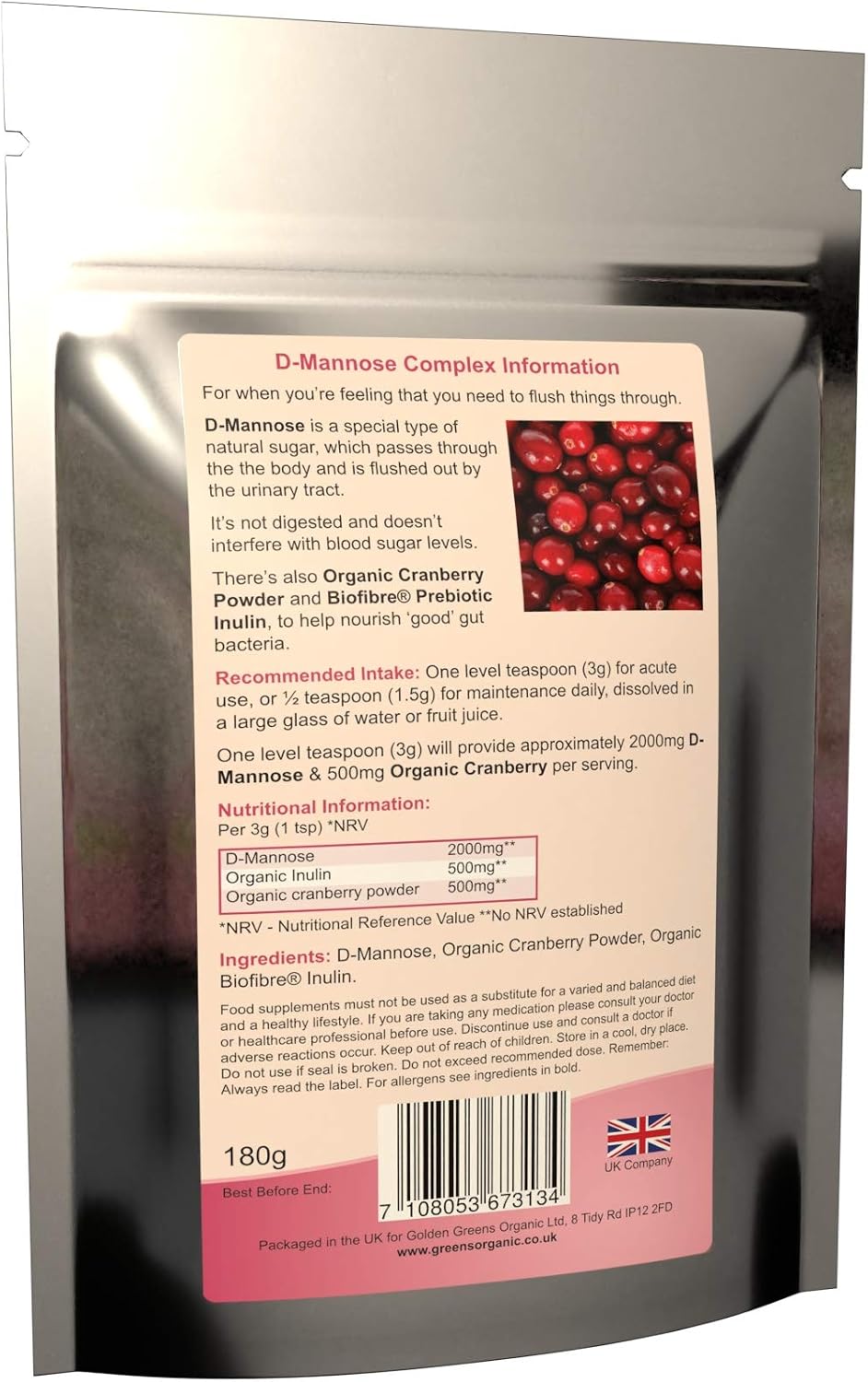 Golden Greens DMannose Complex with Organic Cranberry 60 Servings, 1 Count, 60 Servings (Pack of 1) - Image 3
