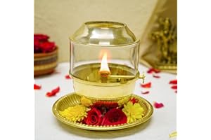 4OUR FAITH Pure Brass Akhand Jyot Diya with Glass Cover and Attached Plate – 48-Hour Long Burning Oil Lamp for Puja, Aarti, Temple, Meditation – 250ml Capacity, Adjustable Wick, Gold Finish Mandir Decor - Medium