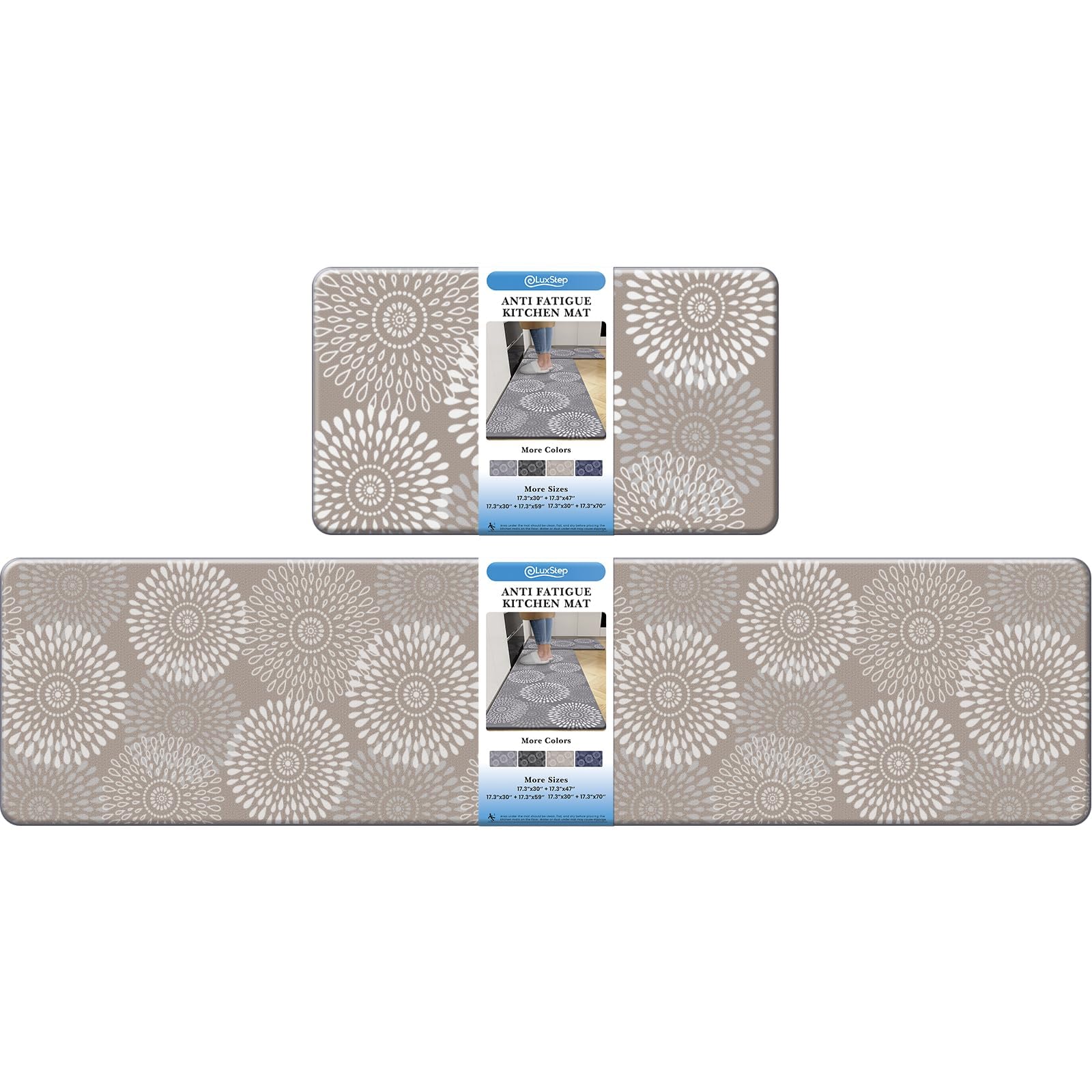 LuxStep Kitchen Mat Cushioned Rugs Anti-Fatigue Mats for Kitchen Floor,Waterproof Non-Slip Mats and Rugs Set for Office,Floor,Laundry 17.3"×30"+17.3"×70",Khaki Image