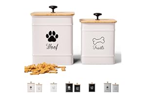 HB DESIGN CO. Dog Treat Container Airtight Set of 2 - 8x6 & 7x5 inch Iron Dog Treat Jars for Kitchen Counter with Airtight Bamboo Lids - 20 Cup Capacity Pet Treat Container Set - Doggie Cookie Jar - Treats Canister