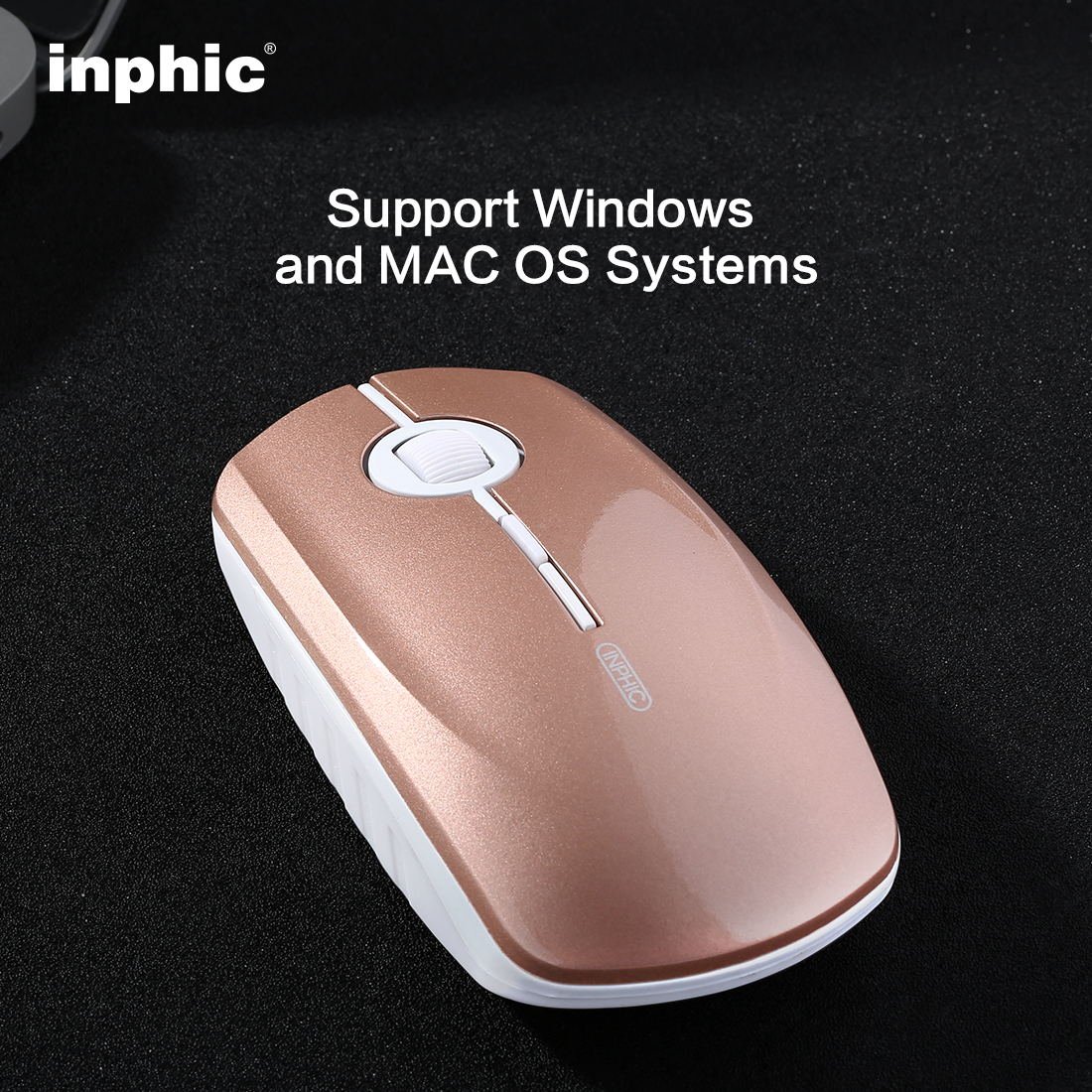 Wireless Mouse, Inphic Slim Silent Click Rechargeable Wireless Mouse, 2.4G USB Optical Mice PC Laptop Computer Cordless Mouse Mini with Nano Receiver, for Windows Mac MacBook Linux - Rose gold